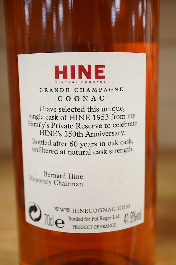 One bottle of Hine Vintage Grande Champagne Cognac 1953, Single Family Cask, distilled 01/12/1953 Cask no. 284, bottled 04/03/2013 Bottle no. 000.148. Condition - good